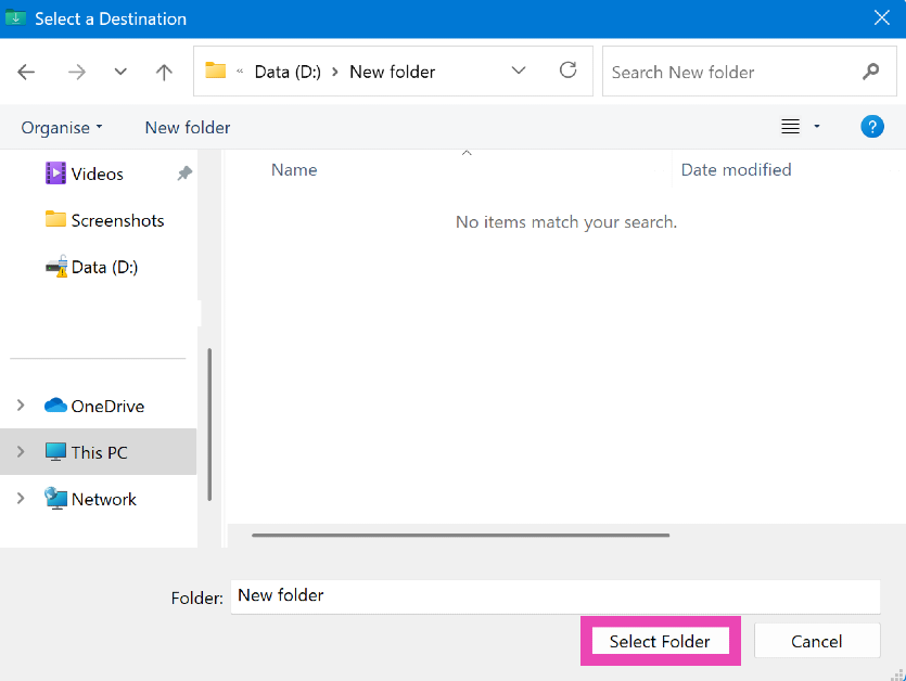 Step 4: Browse to the new landing folder for your downloaded files. Click on Select Folder.