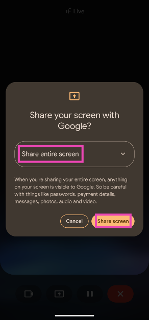 Step 4: Choose whether you want to share one app or the entire screen. Hit Share screen.