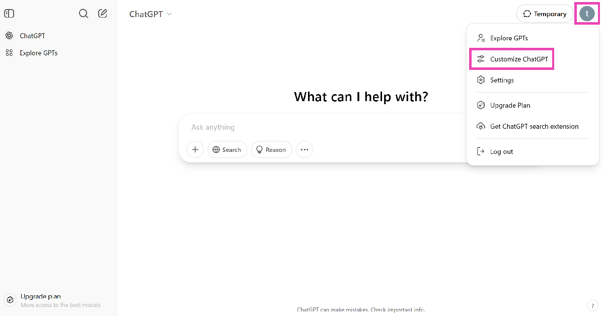 Step 2: Click your profile picture in the top right corner of the screen and select Customize ChatGPT.