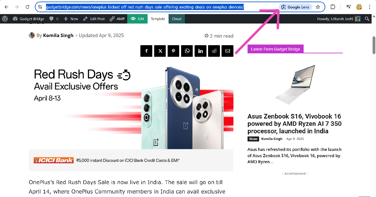 Step 2: Click the address bar and select Google Lens.