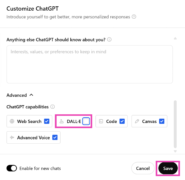 Step 4: Uncheck the box next to Dall-E and hit Save. ChatGPT not generating Studio Ghibli images? Try these 5 fixes