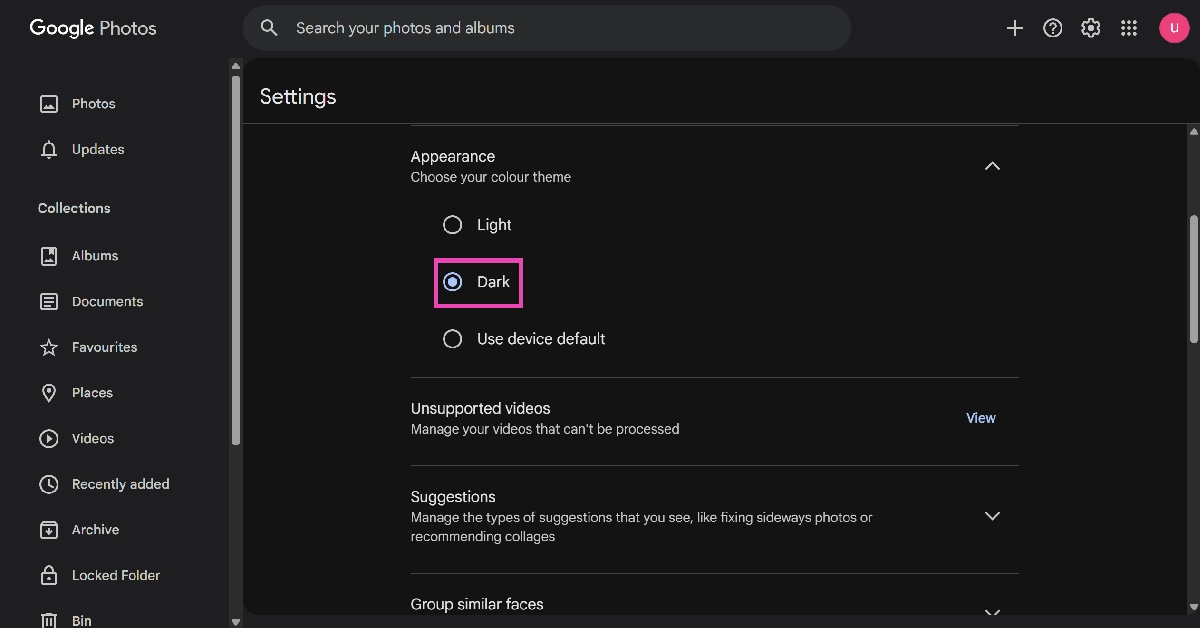 Step 4: Select Dark from the list. How to enable dark mode in Google Photos (Web and Mobile)