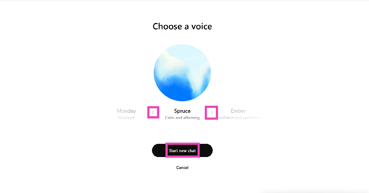 Step 4: Use the arrow icons to browse the voices and click on Start new chat to select one. 4 ways to change ChatGPT’s voice on your phone and PC