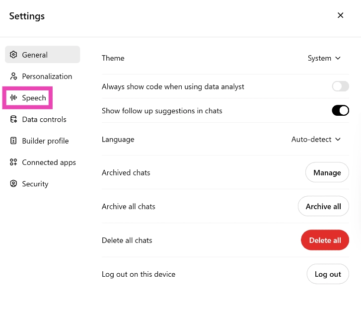 Step 4: Select Speech from the sidebar. 4 ways to change ChatGPT’s voice on your phone and PC