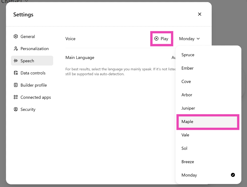 Step 5: Hit the dropdown menu next to Voice and select a voice. Click on Play to preview it. 4 ways to change ChatGPT’s voice on your phone and PC