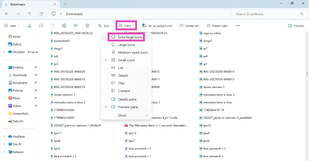 Step 2: Click on View and select Large or Extra large icons.