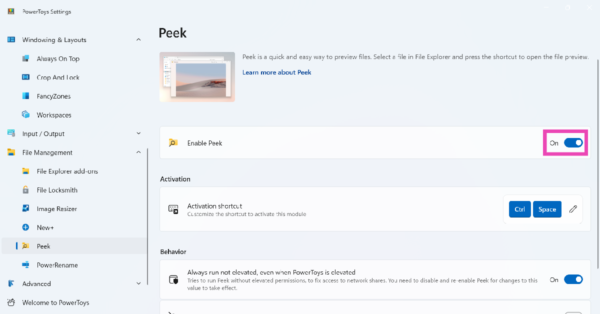 Step 3: Turn on the toggle switch next to Enable Peek.