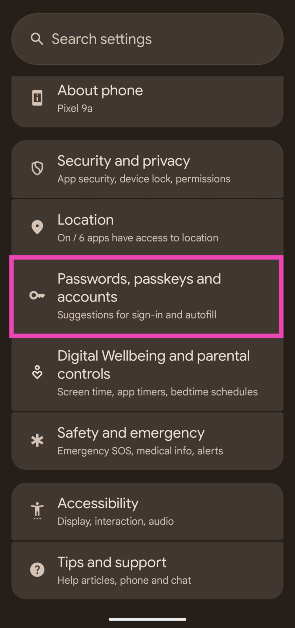 Step 1: Go to Settings and select Passwords, passkeys and accounts.