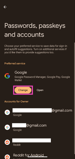 Step 2: In the Preferred service category, tap on Change under Google.
