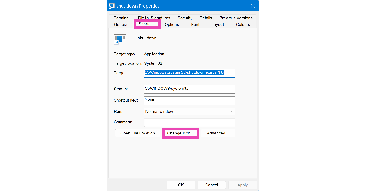 Step 5: Click on Change Icon. How to Create a Shut Down Shortcut in Windows 11
