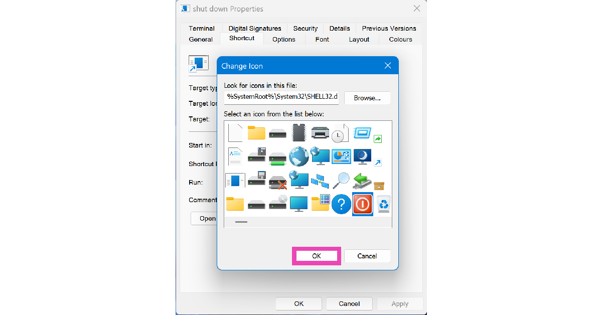 Step 6: Select an icon for the shortcut. Hit OK. How to Create a Shut Down Shortcut in Windows 11