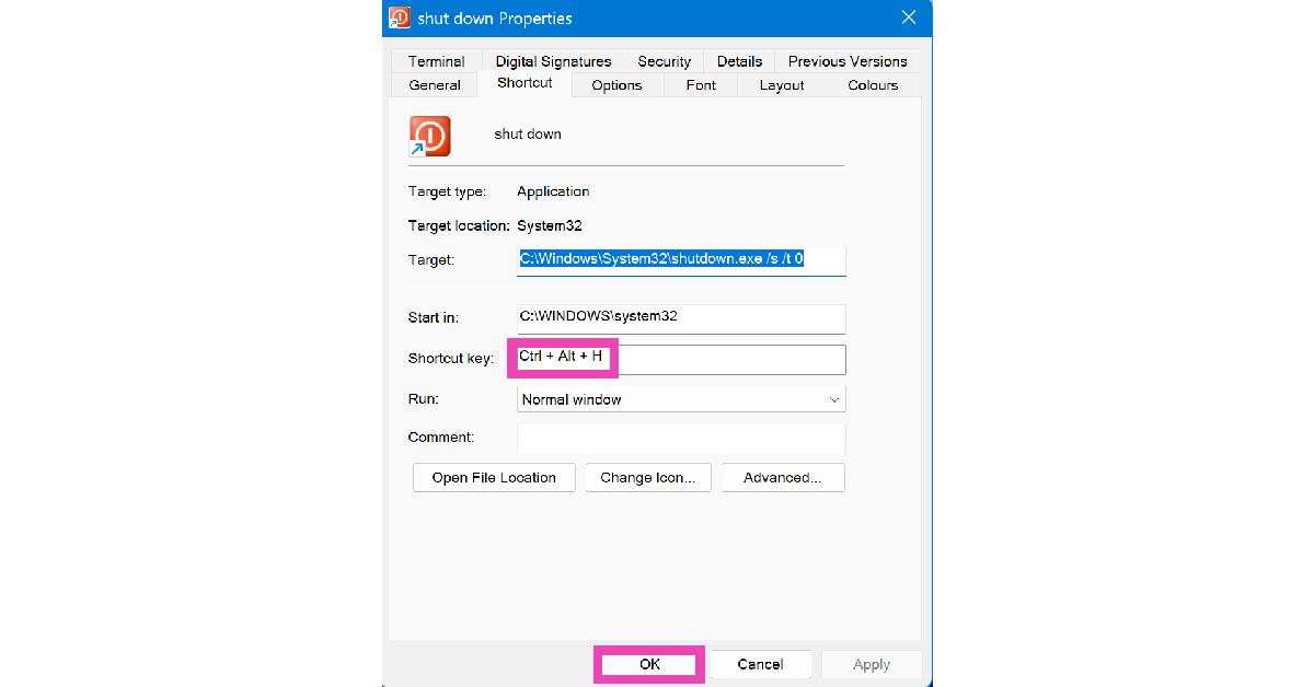 Step 2: Go to the Shortcut tab and enter a sequence of keys in the Shortcut key box. 