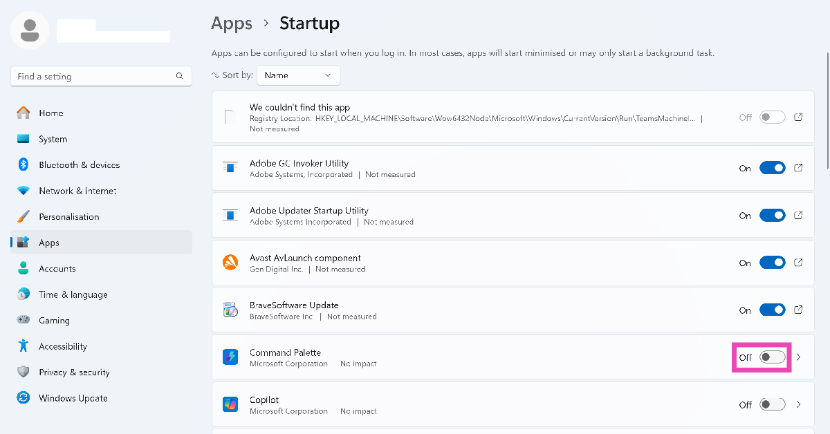 Step 3: Turn off the toggle switch next to the startup app you want to disable.