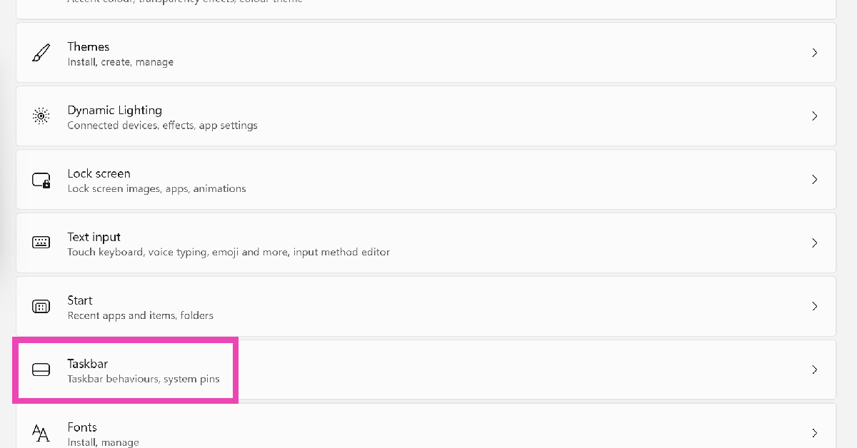 Step 2: Scroll down and click on Taskbar.