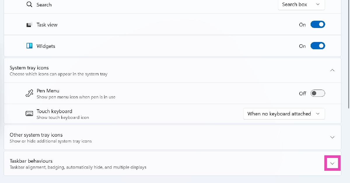 Step 3: Expand the Taskbar behaviours category.