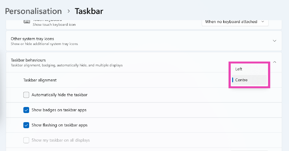 Step 4: Click the dropdown menu next to Taskbar alignment.