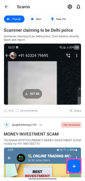 Step 3: Hit the Plus button in the bottom right corner of the screen to create a post. How to use the ‘Scamfeed’ feature in TrueCaller