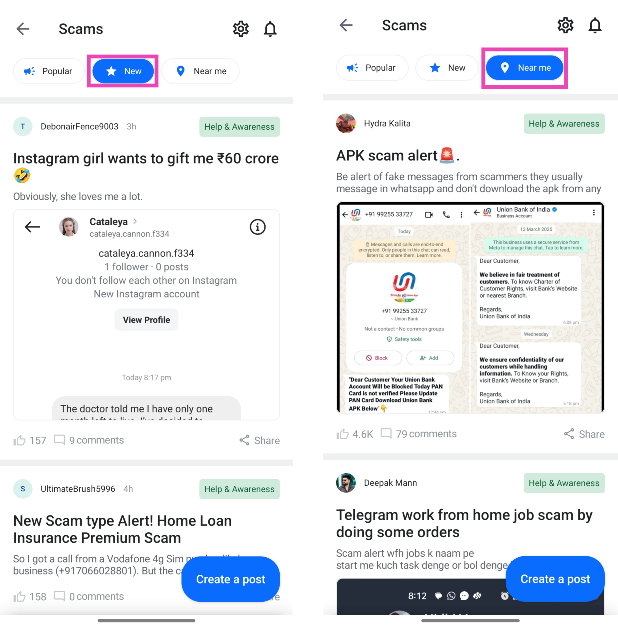 Step 6: Go to the main feed and use the New and Near me buttons to filter the posts.