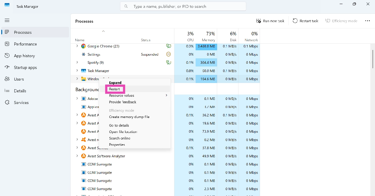 Step 3: Right-click Windows Explorer and select Restart.
