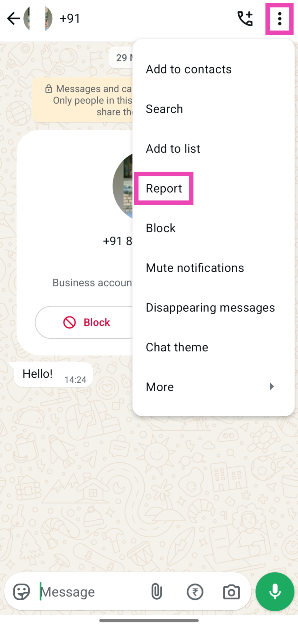 Step 3: Hit the ellipses in the top right corner of the screen and hit Report. WhatsApp Image Scam: Top 5 Ways to Protect Yourself