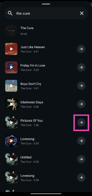 Step 8: Hit the arrow icon next to the song to select it.