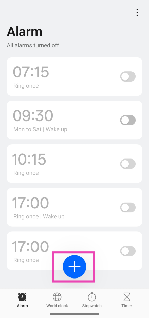 Step 2: Hit the plus icon to create a new alarm.