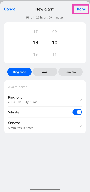 Step 7: Go back to the new alarm page and hit Done.