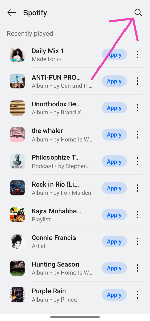 Step 6: Hit the search icon in the top right corner of the screen to search for a song. Alternatively, you can hit Apply next to a suggested song to set it as an alarm. 2 ways to set a song as an alarm tone on Android