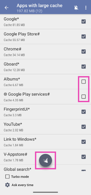 Step 6: Uncheck the apps you wish to exclude and hit the broom icon for the final time.