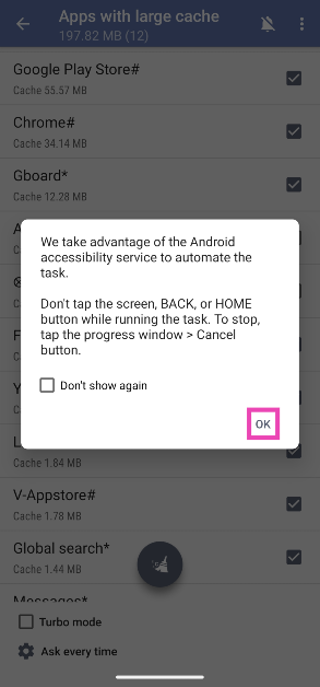 Step 9: Go back to the 1Tap Cleaner app and hit OK.
