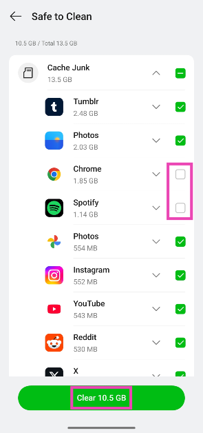Step 6: If you do not want to clear the cache of a particular app, expand the Cache Junk section and uncheck that app.
