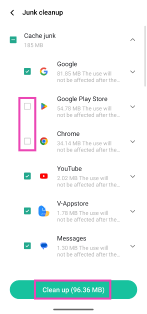 Step 4: Expand the Cache junk category and uncheck the apps you wish to exclude.