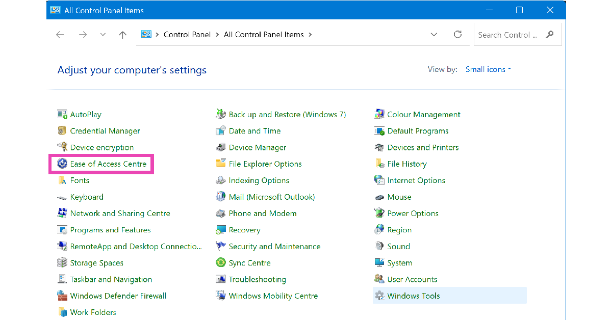 Step 2: Select Ease of Access Centre.
