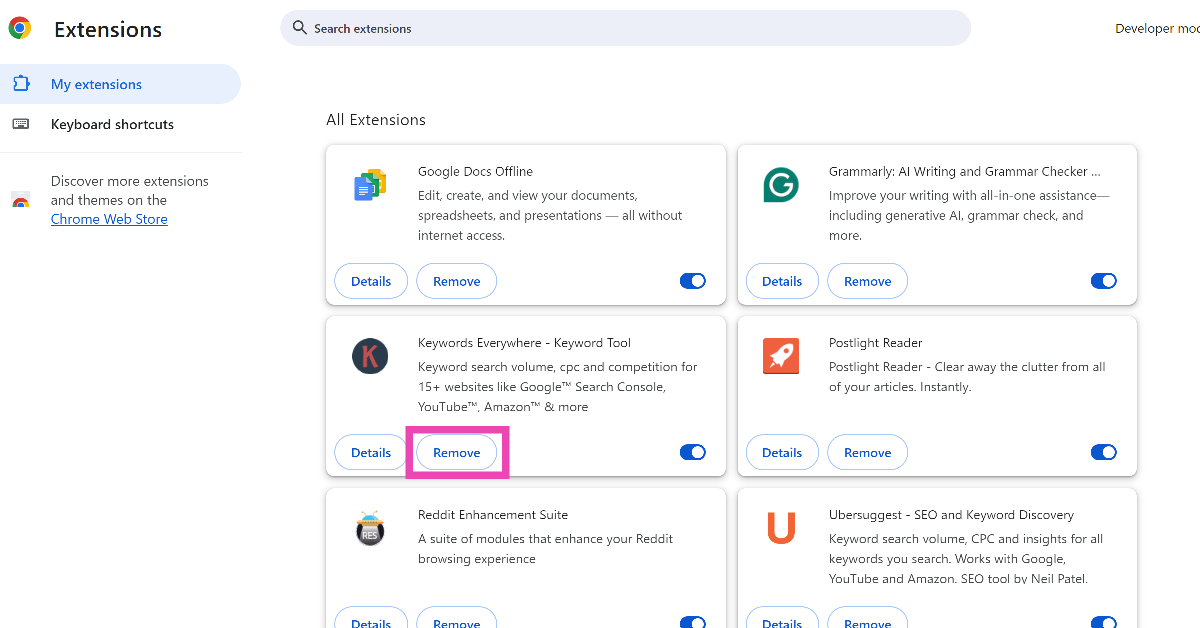 Uninstall unused and corrupt extensions