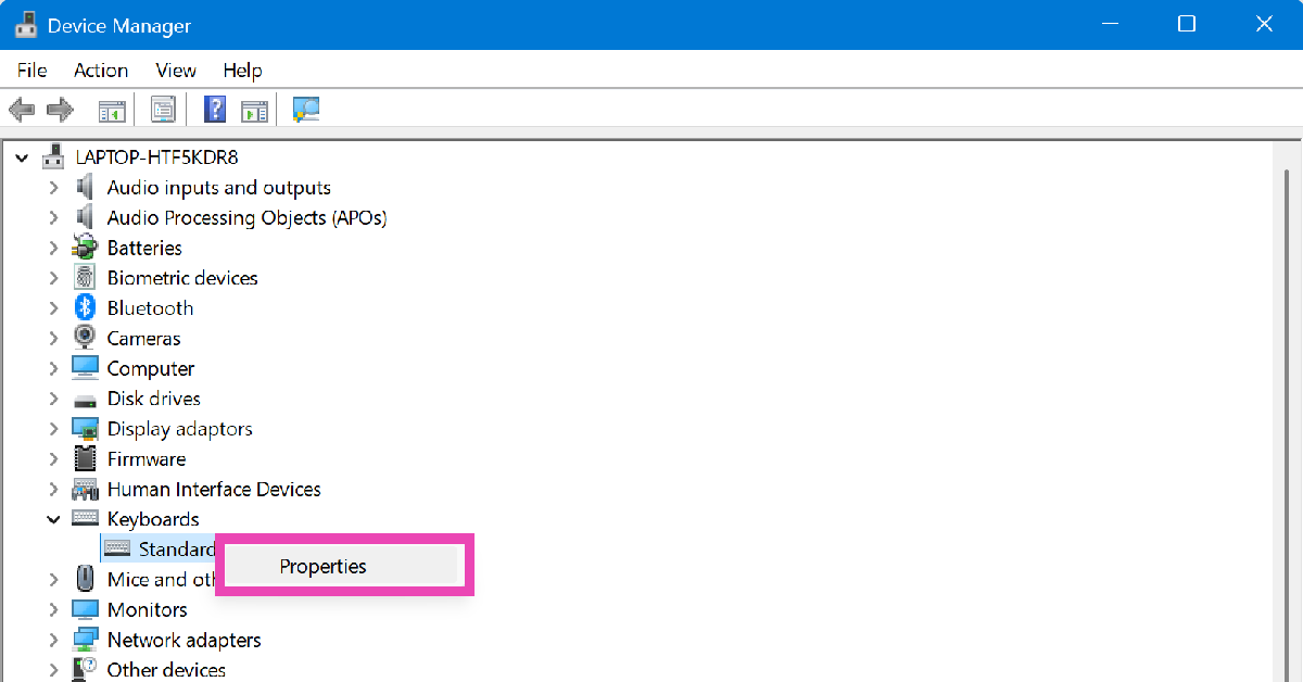 Step 3: Right-click on the listed keyboard and select Properties.