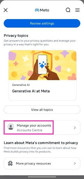 Step 3: Scroll down and tap on Manage your accounts.