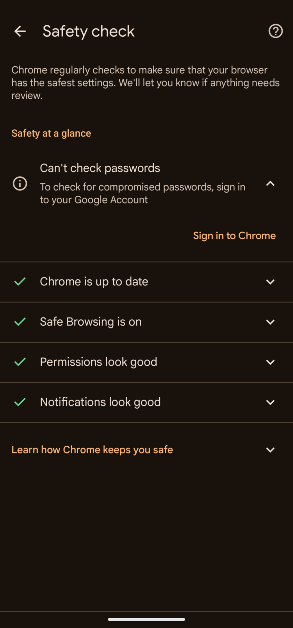 Step 5: Google Chrome will run a safety check. The problematic issues will be flagged. Tap on a flagged issue to view how it can be corrected.