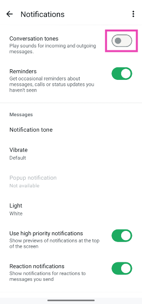 Step 4: Turn off the toggle switch next to Conversation tones. How to turn off the outgoing message sound on Android