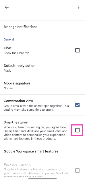 Step 5: Scroll down and uncheck the box next to Smart features. How to disable AI summaries in Gmail on phone and PC