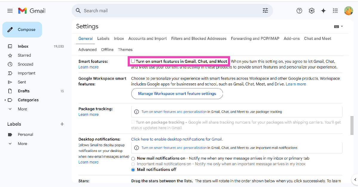 Step 4: Go to the General tab and scroll down to Smart features.