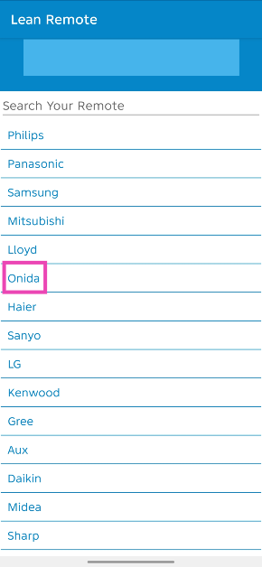Step 4: Select the appliance/device's brand. For this example, we've chosen an Onida AC.