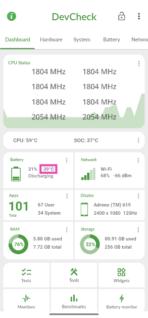 Step 2: Launch the app and view the internal temperature in the battery section.