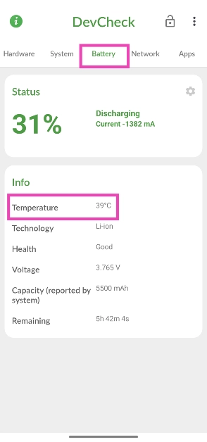 Step 3: Alternatively, switch to the Battery tab and look for the temperature under Info.