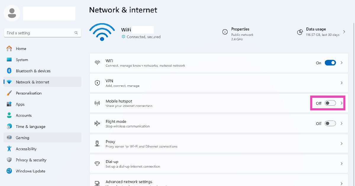 Step 2: Turn on the toggle switch next to Mobile hotspot to enable it.