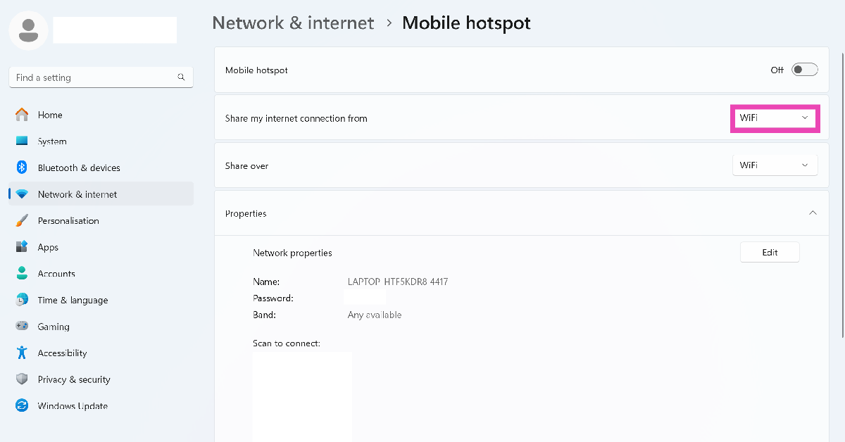 Step 3: Click on Mobile hotspot and choose the connection you want to share (WiFi or Ethernet).