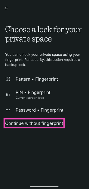 Step 5: All three of the locks mentioned can be paired with your fingerprint. If you don’t want to provide your biometric data, tap on Continue without fingerprint.
