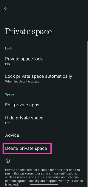 Step 2: Tap on Delete private space.