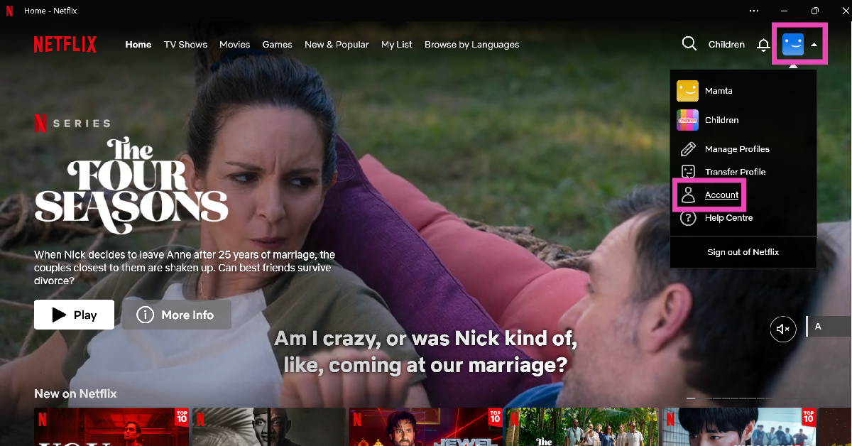 Step 2: Move the cursor to the profile icon in the top-right corner of the screen and click on Account. Top 3 Ways To Sign Out Of Netflix On All Devices At Once