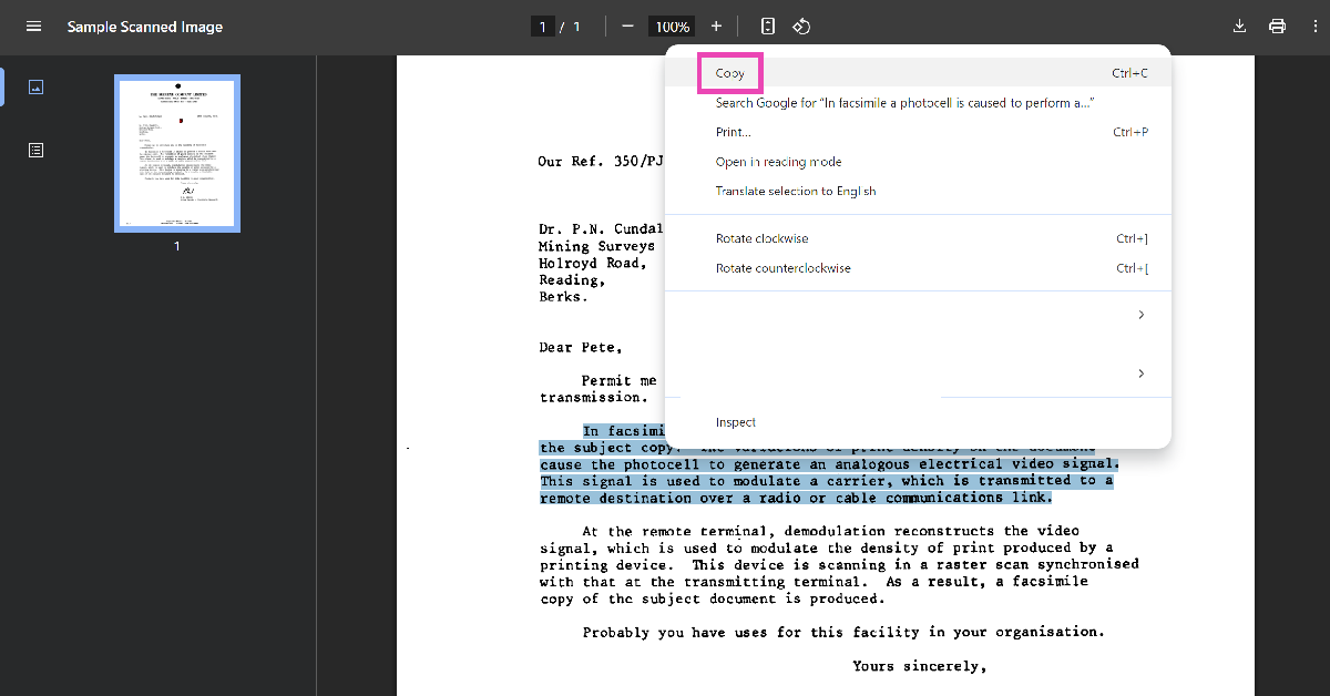 Step 2: Use the cursor to select the text. Right-click and hit copy to extract it.
