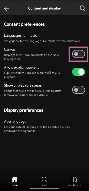 Step 5: Turn off the toggle switch next to Canvas.